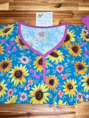 Little Sleepies Blue Sunflower Print Long Sleeve Top with Pink Trim